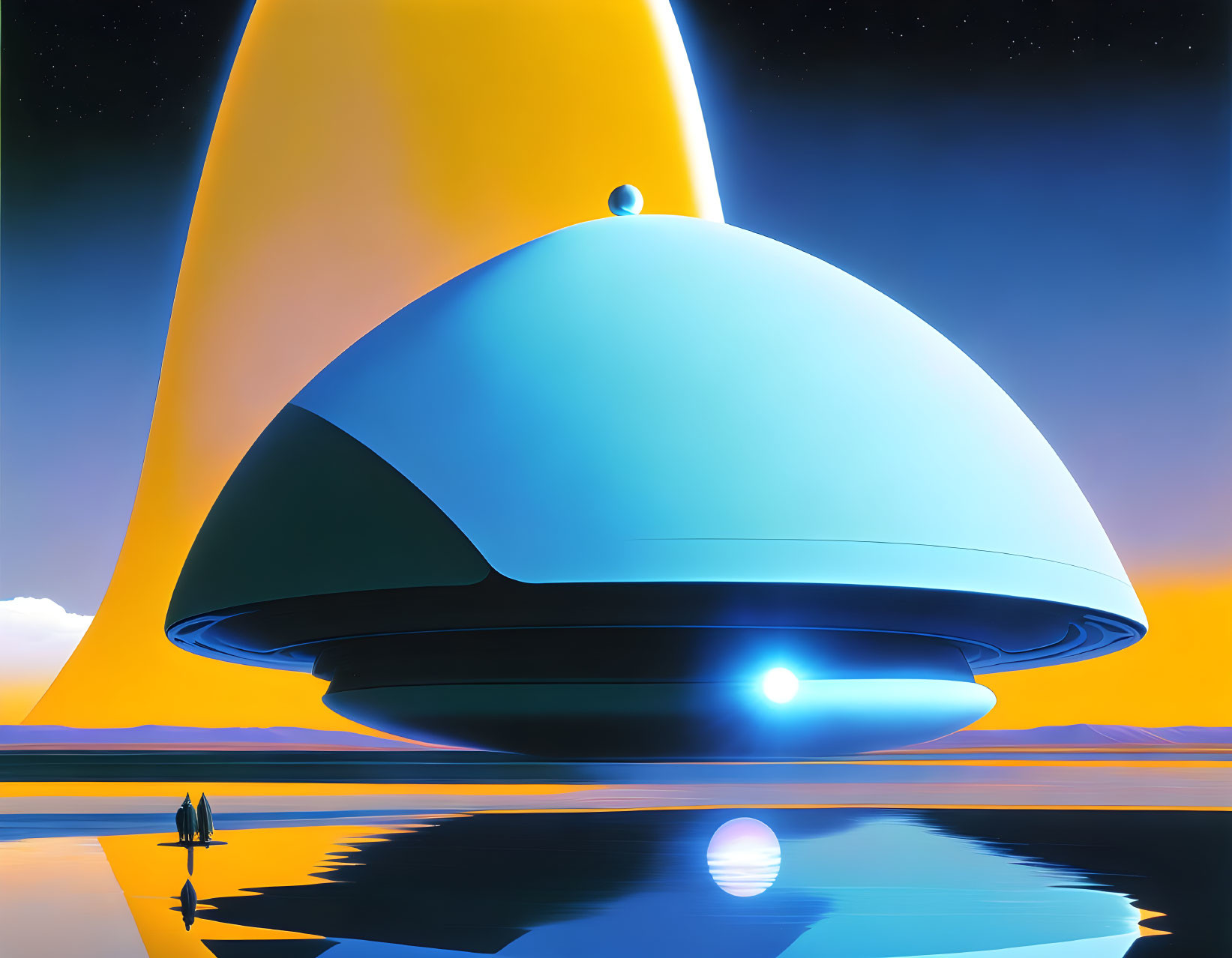 Blue and Yellow Futuristic Spaceship with Silhouetted Figures on Reflective Surface