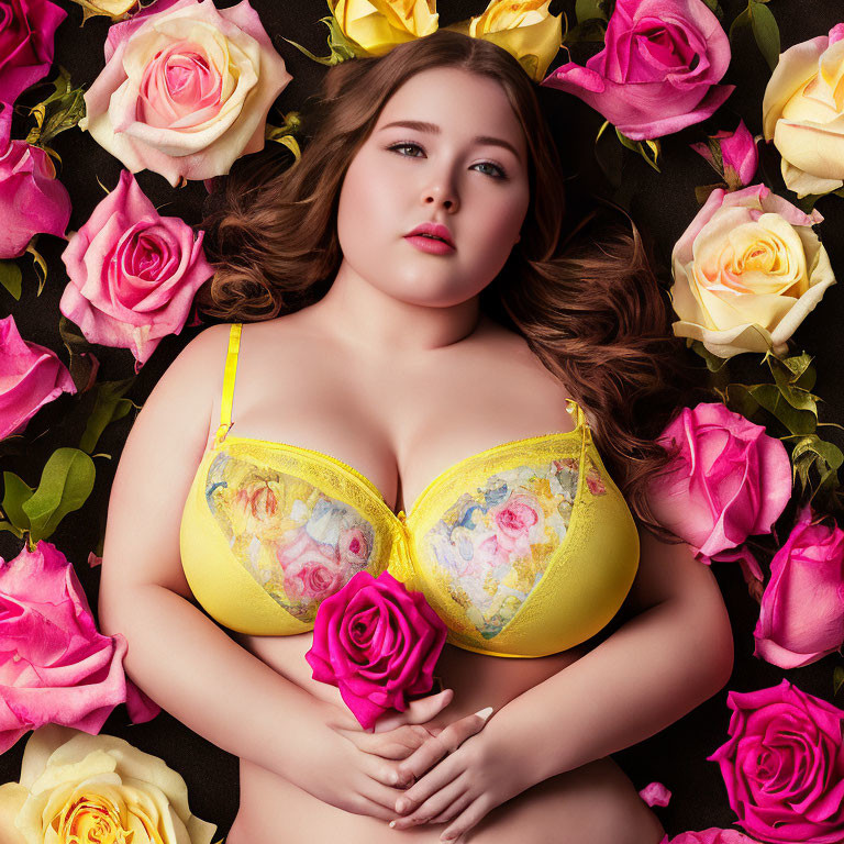 Woman in Yellow Lingerie Surrounded by Multicolored Roses