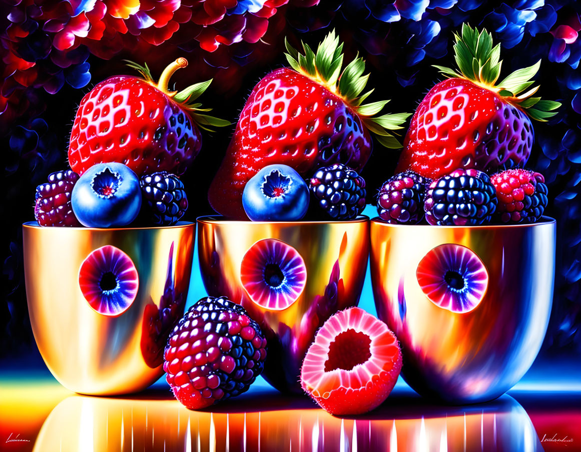 Colorful hyper-realistic painted berries in reflective bowls on lush foliage background