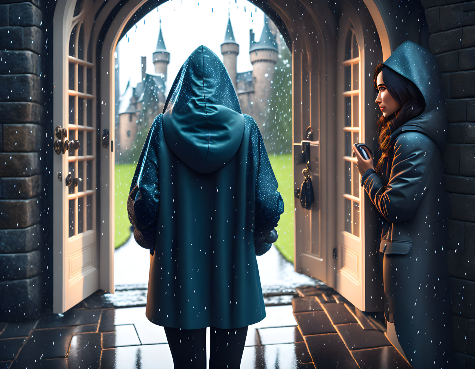 Cloaked Figure and Woman in Castle Doorway During Snowfall