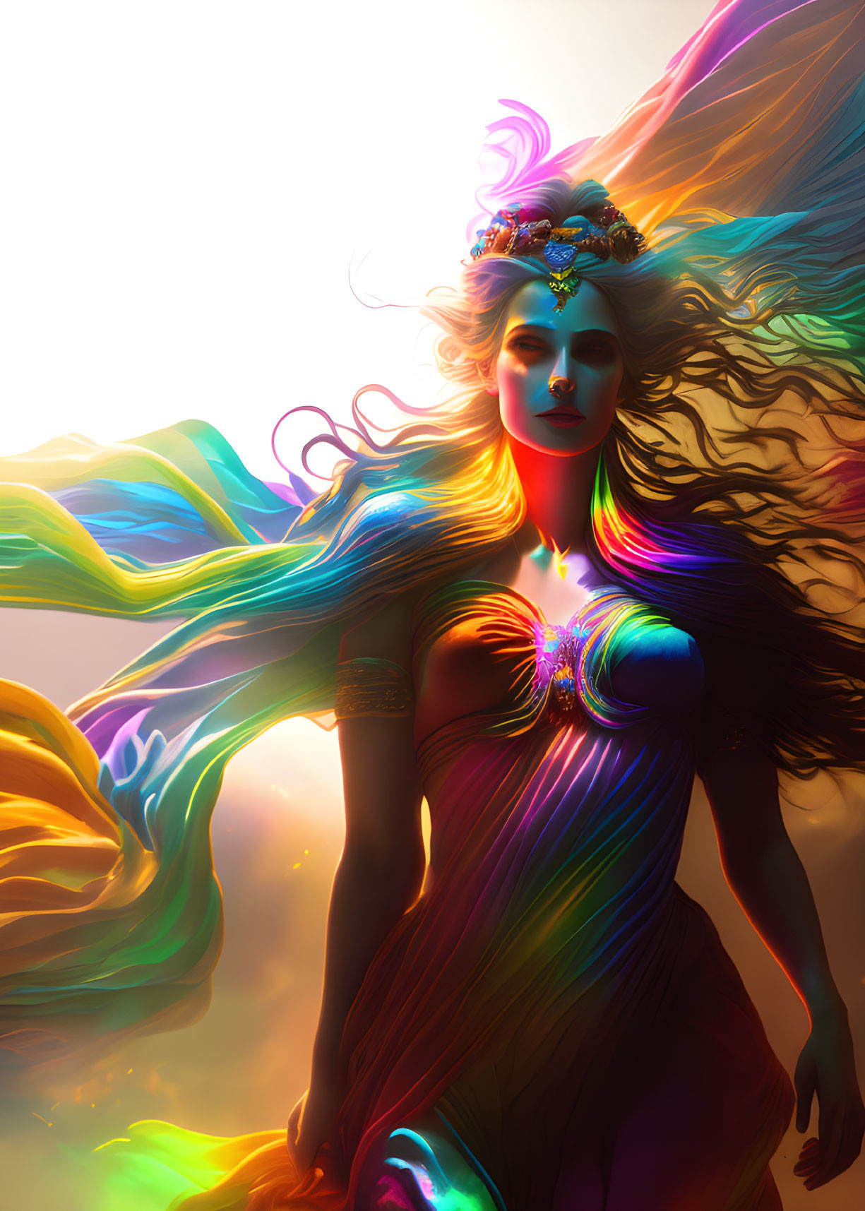 Ethereal woman with colorful flowing hair and radiant attire portrait.