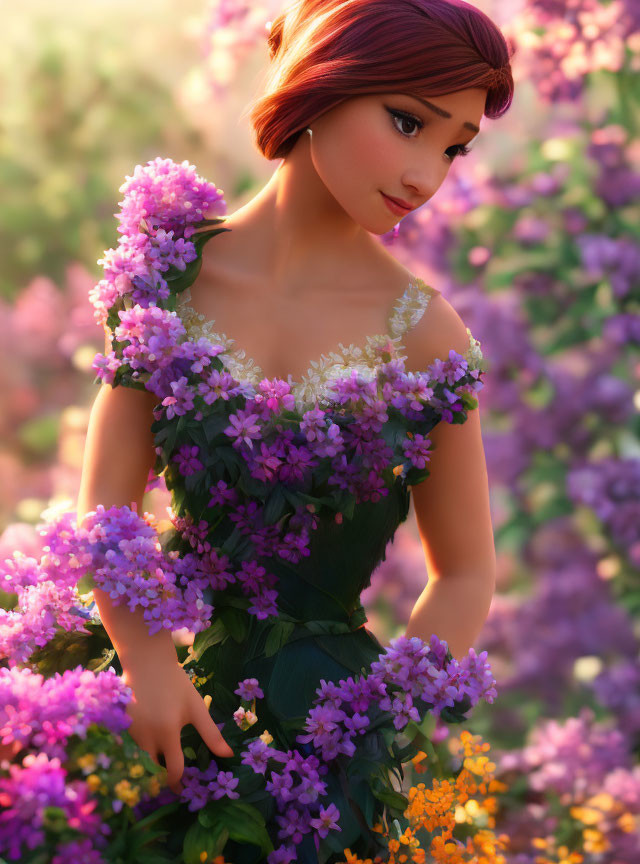 3D animated female figure in purple flower dress in vibrant garden