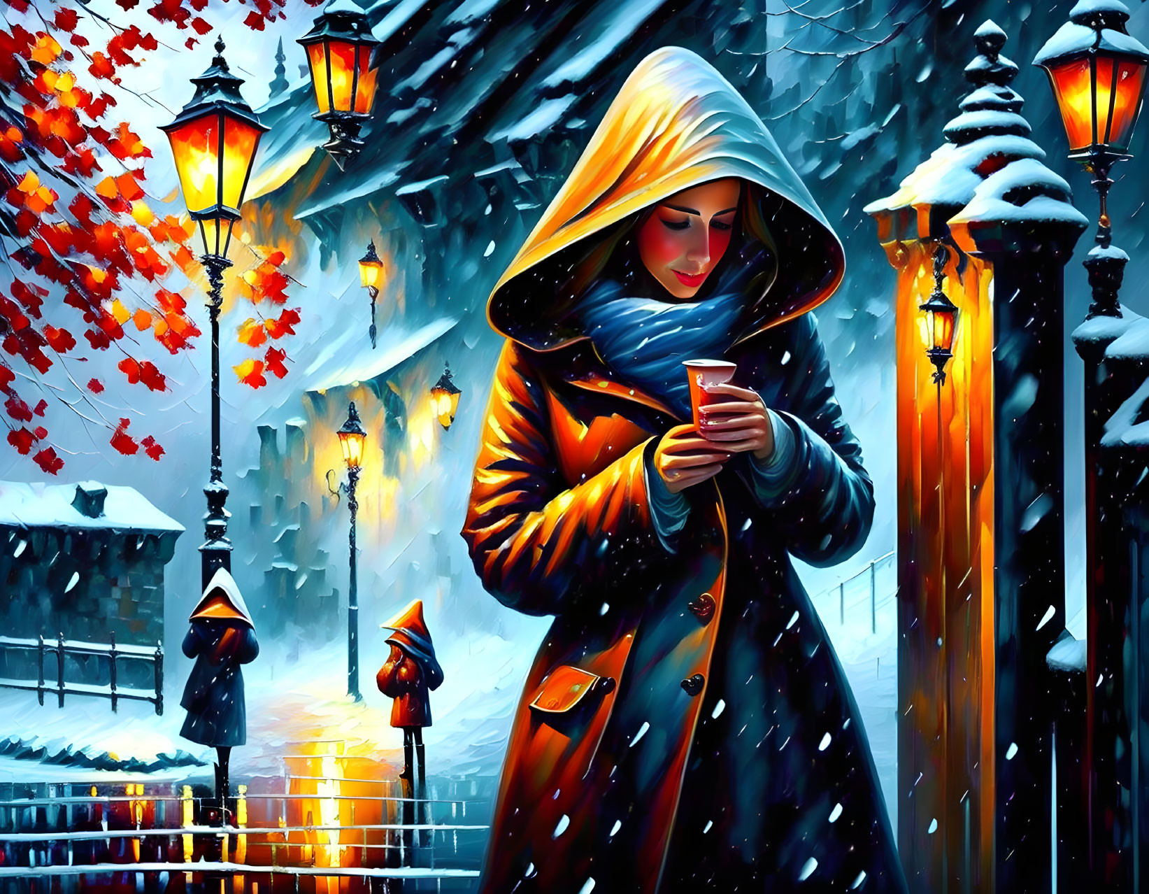 Woman in hood with cup in snowy street with lanterns & leaves