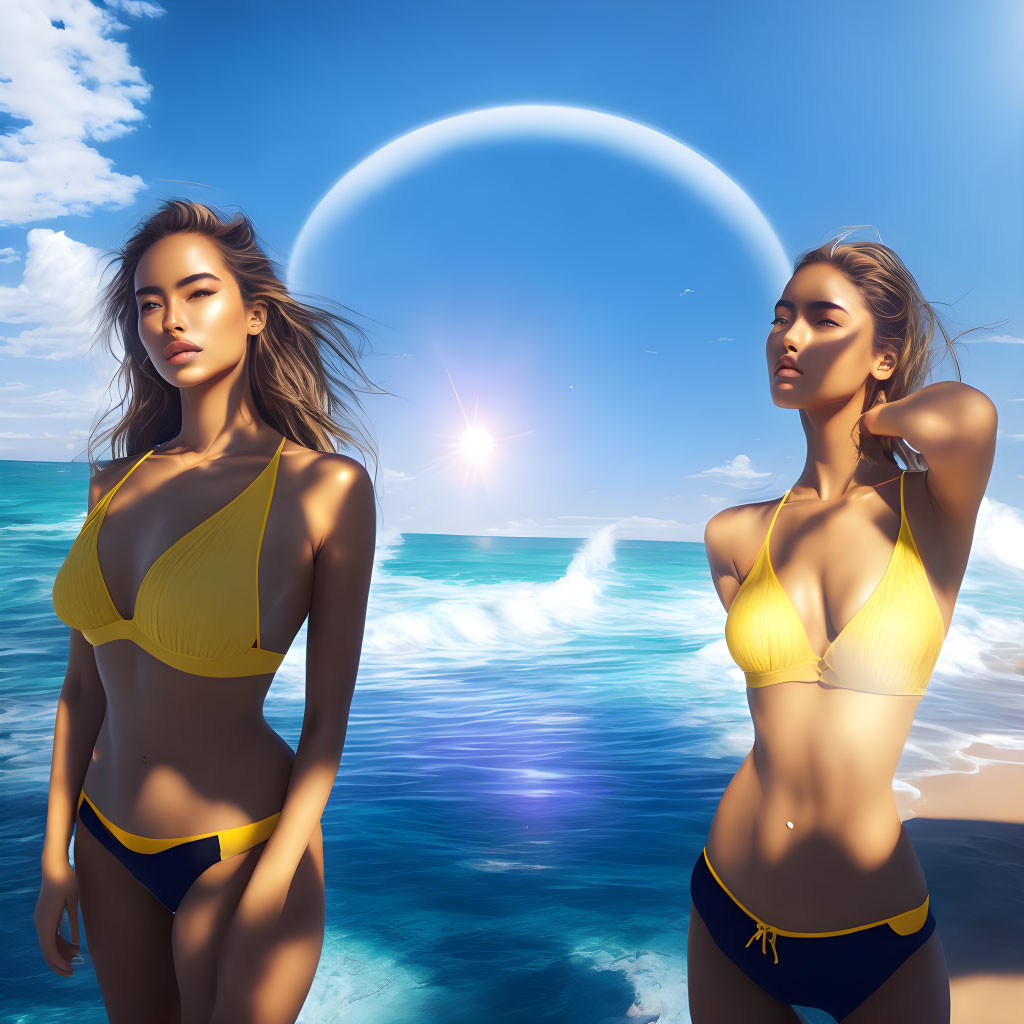 Two women in yellow bikinis on beach with crashing waves and sci-fi planetary ring in sky.