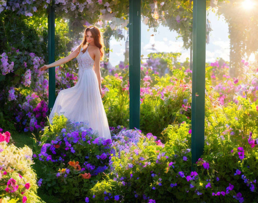 Person in white dress surrounded by vibrant flowers in sunlit garden