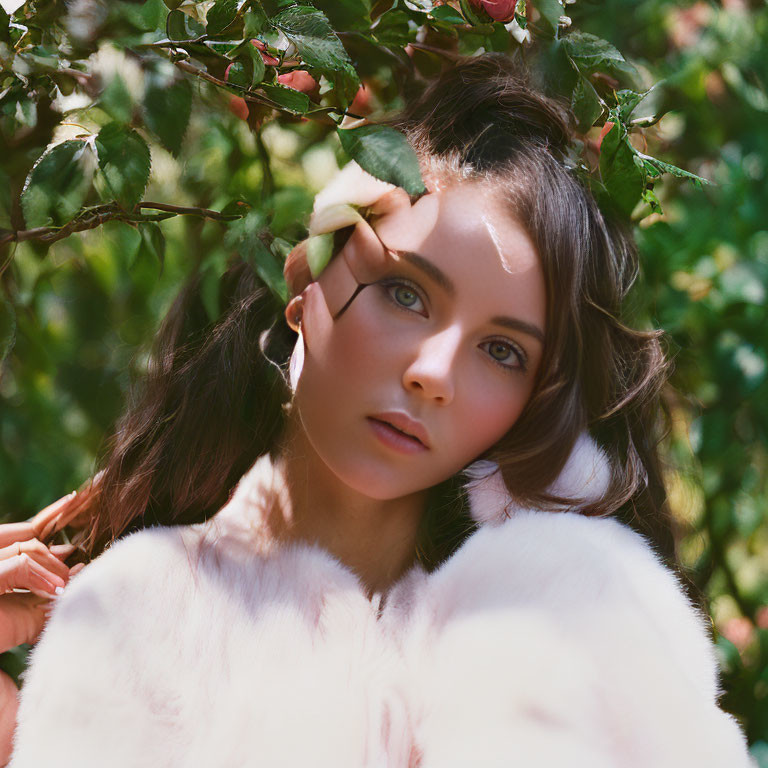 Woman in Fluffy White Coat Poses Under Rose Bush