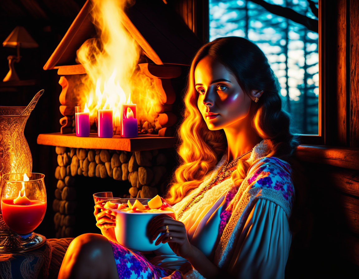 Woman sitting by fireplace in cozy rustic cabin setting