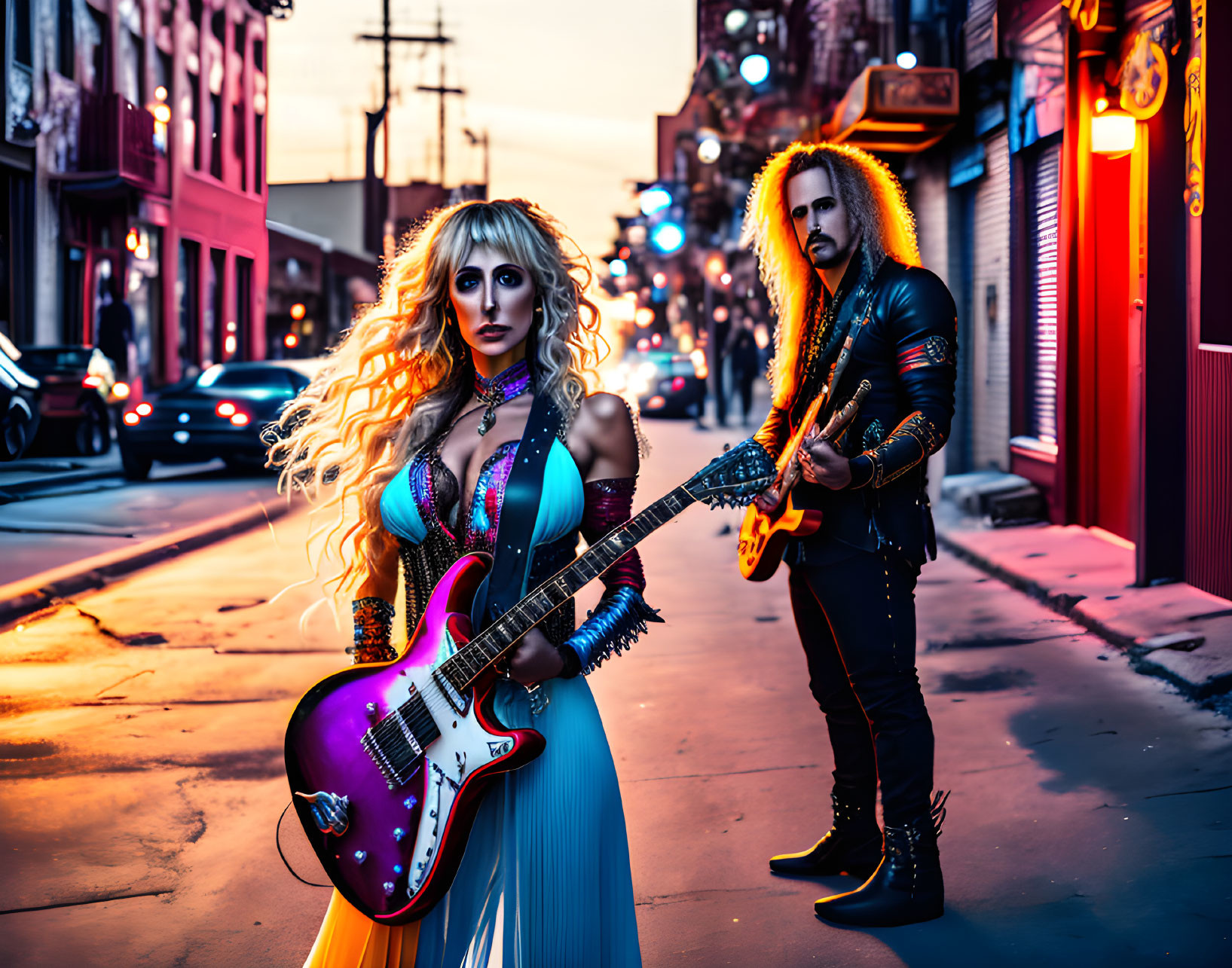 Stylish individuals in rock-inspired outfits pose on vibrant city street at twilight