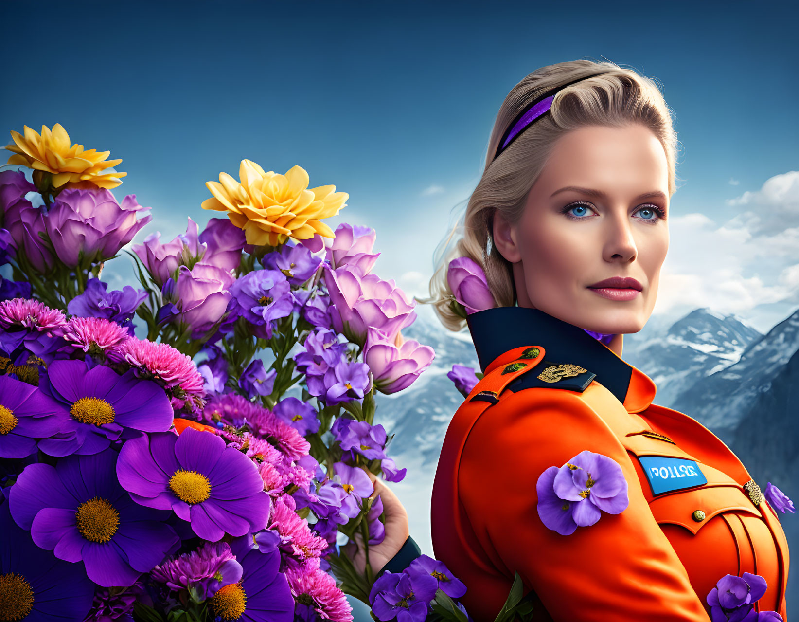 Colorful Illustration: Woman in Police Uniform Surrounded by Flowers, Mountains, and Blue Sky