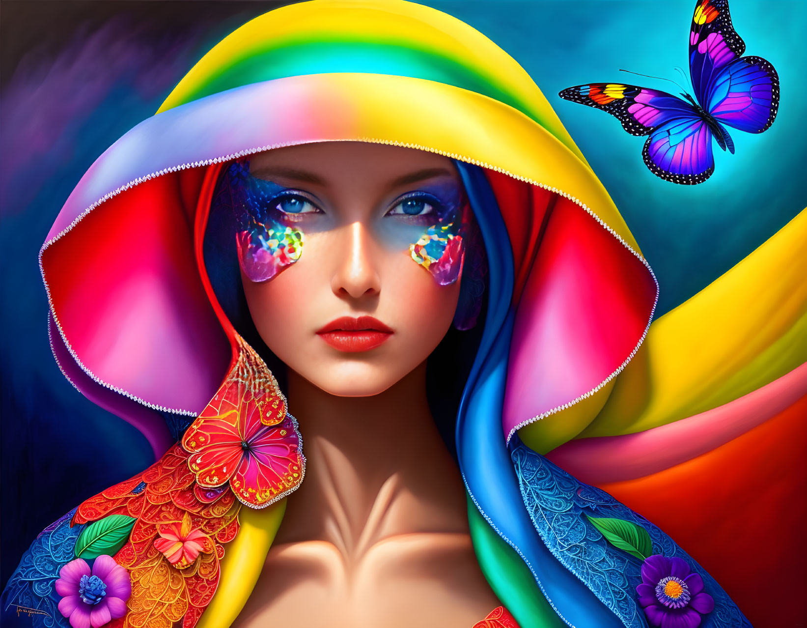 Colorful digital artwork: Woman with butterfly face decorations and real butterfly, rainbow backdrop