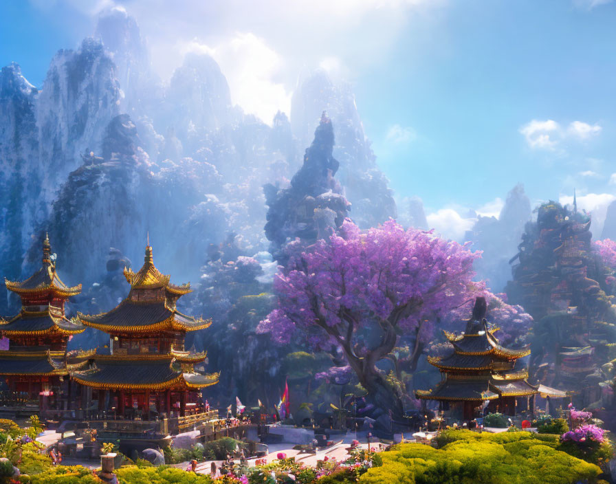 Majestic mountains, pagodas, pink tree, and lush gardens in vibrant fantasy landscape