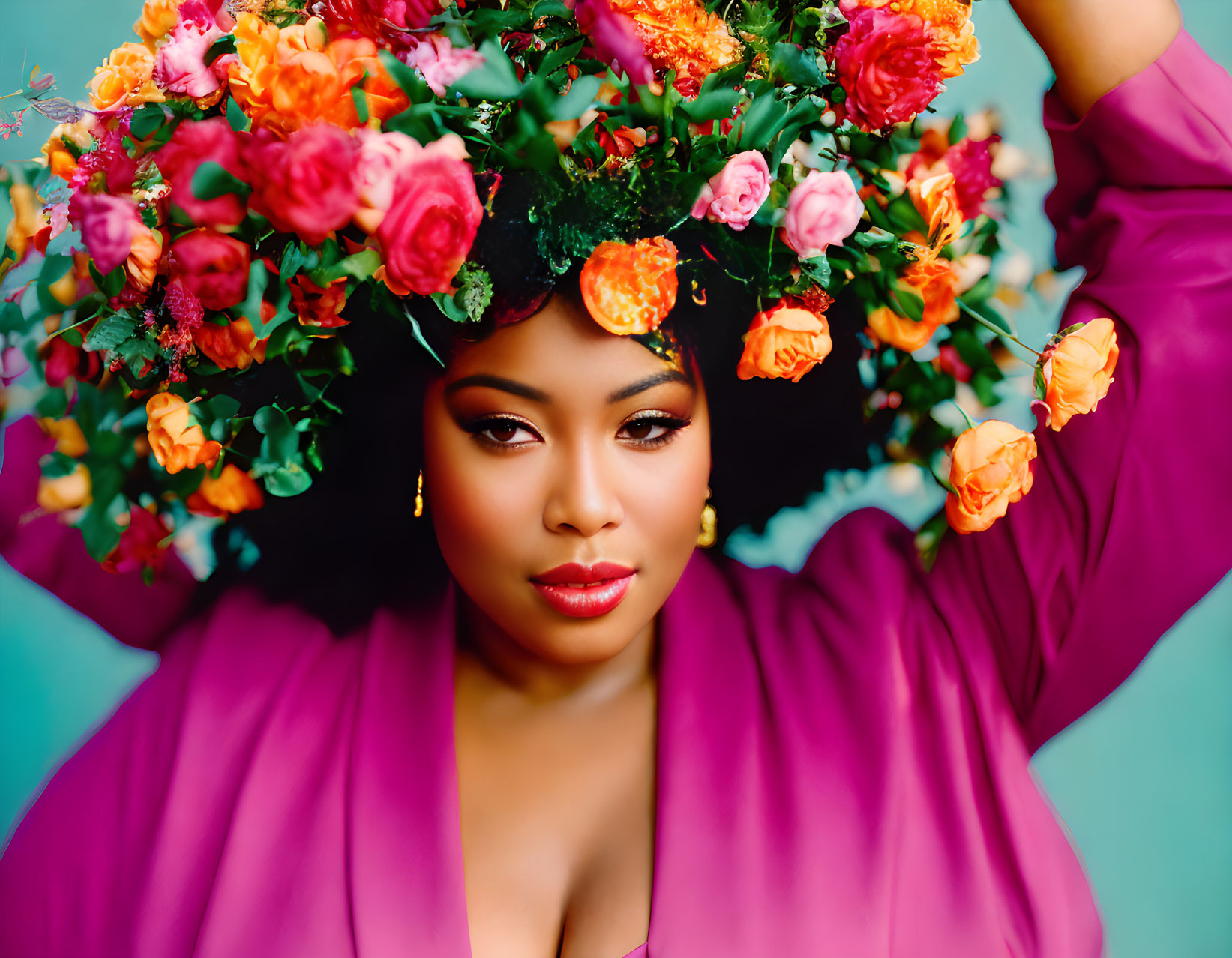 Vibrant floral headdress woman in magenta attire on teal background