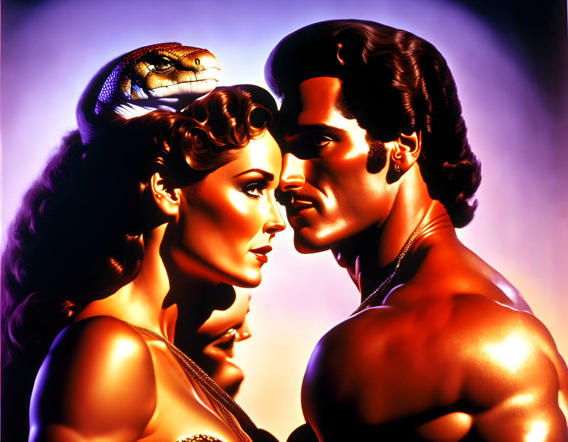 Muscular man and woman with serpent on purple background