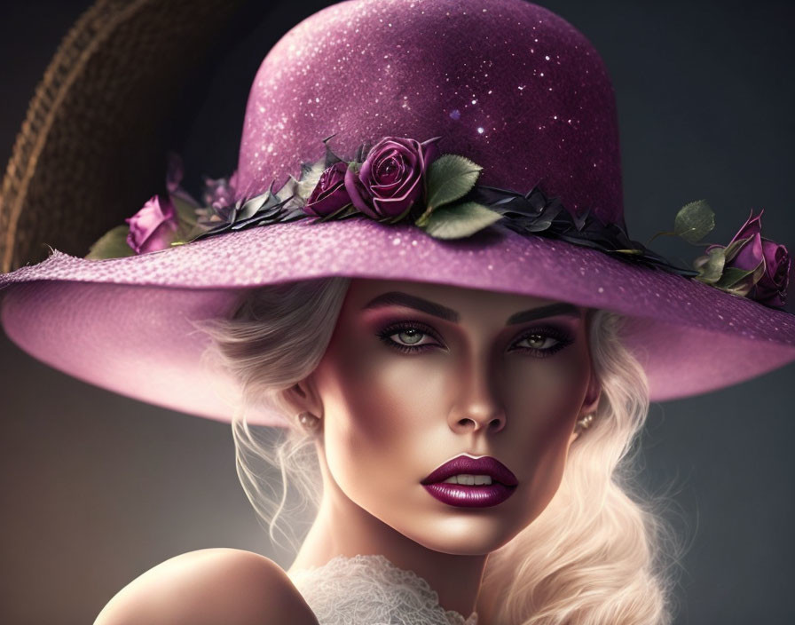 Woman portrait with dramatic makeup and glittery purple hat with roses and black leaf trim