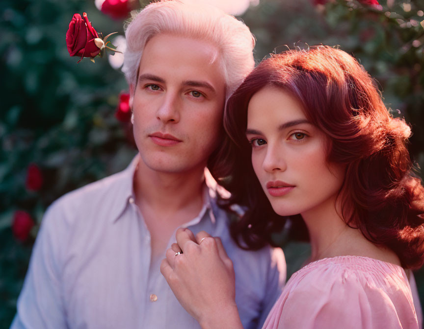 Romantic pose with stylized hair and suspended rose on greenery backdrop