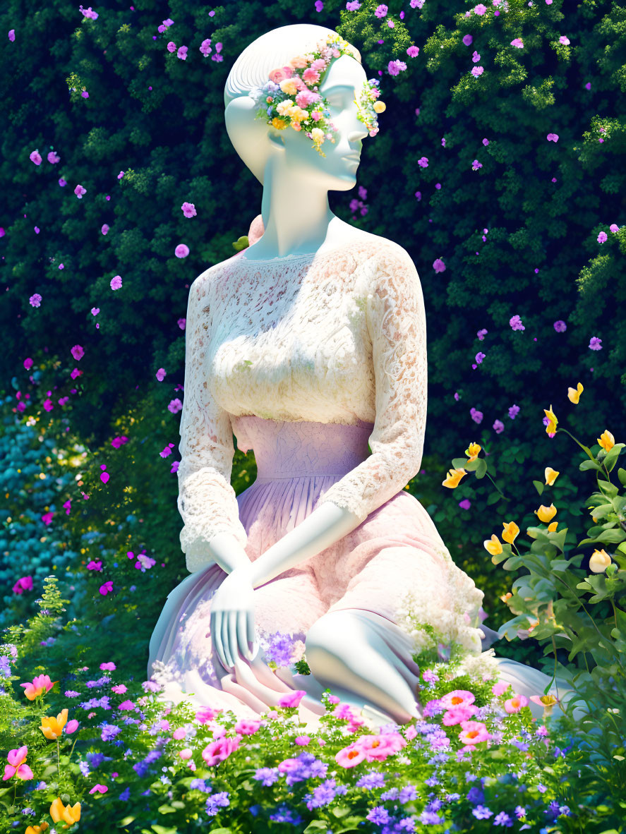 Mannequin in lace dress with floral wreath in lush garden