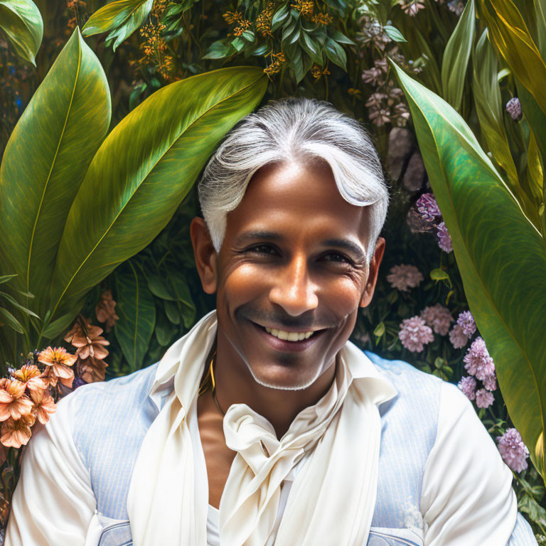 Gray-haired man smiling in lush greenery with colorful flowers.