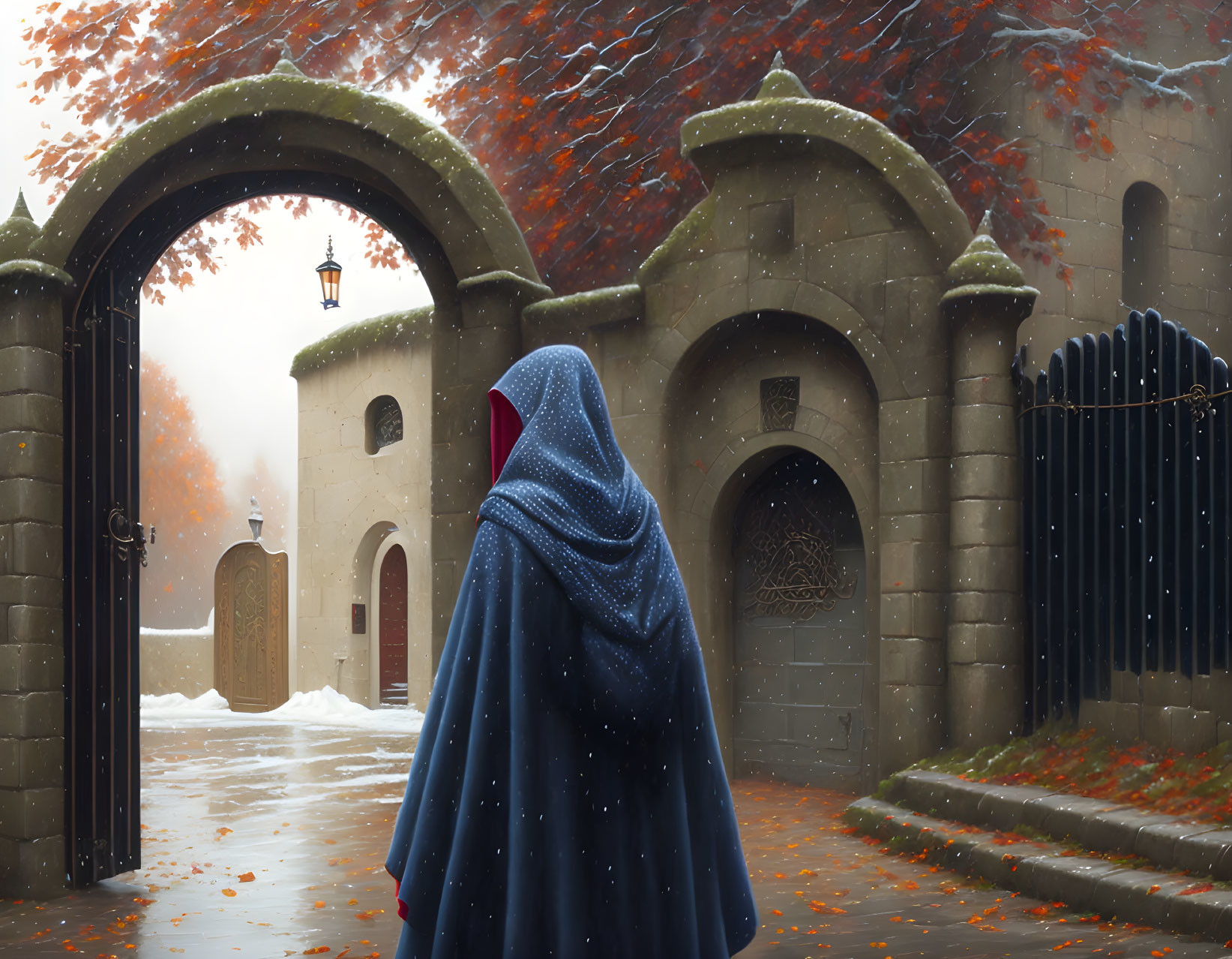 Cloaked Figure at Open Arched Gate in Serene Autumn Courtyard