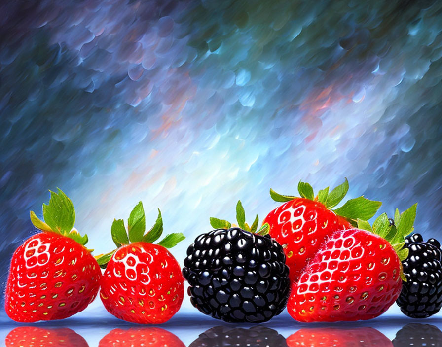 Fresh Strawberries and Blackberries on Reflective Surface with Colorful Background