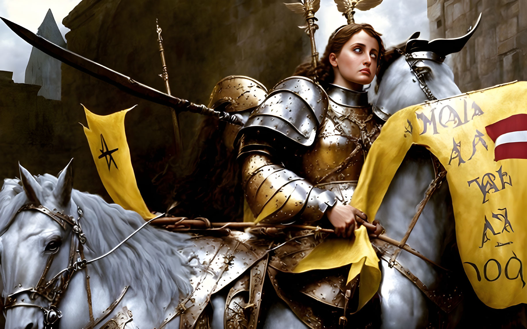 Medieval female knight in golden armor on white horse with spear and cross flag