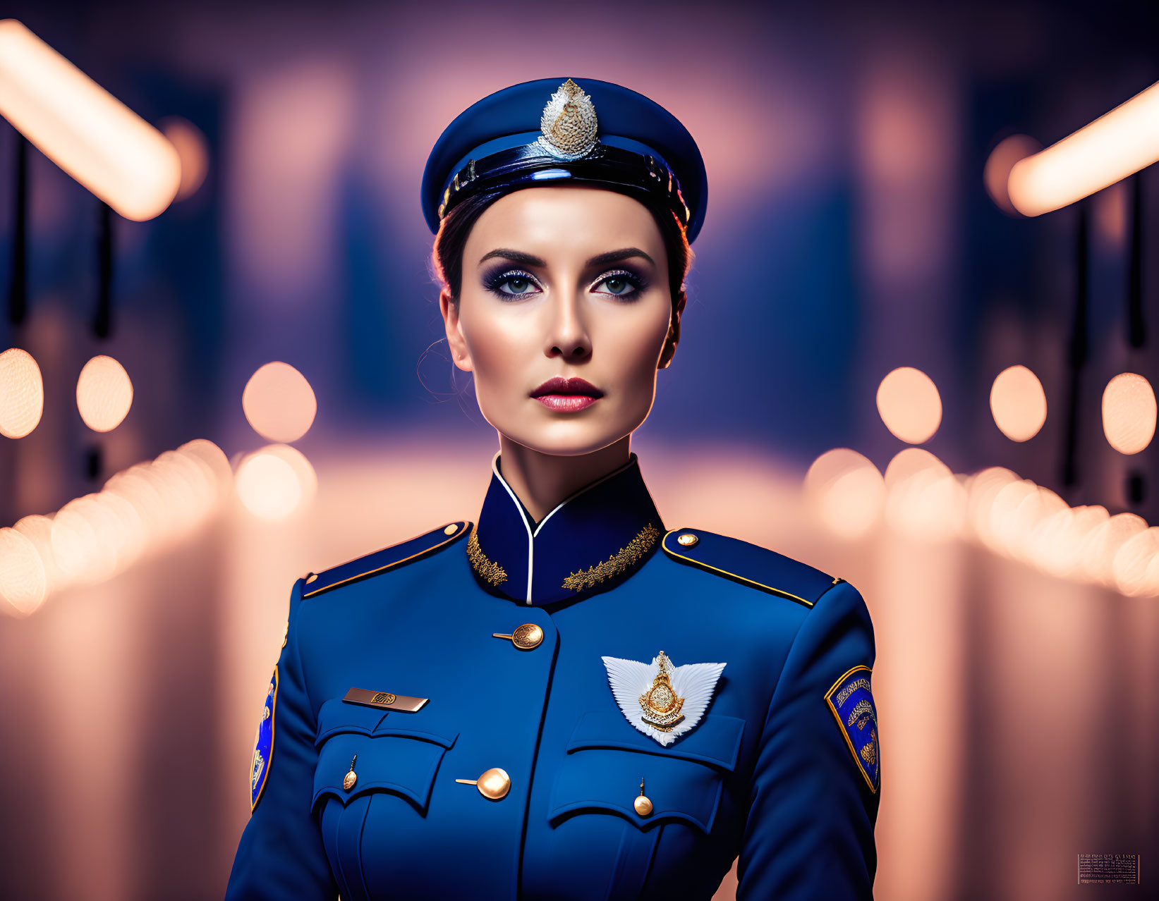 Female Police Officer in Blue Uniform with Gold Trimmings and Cap, Intense Gaze