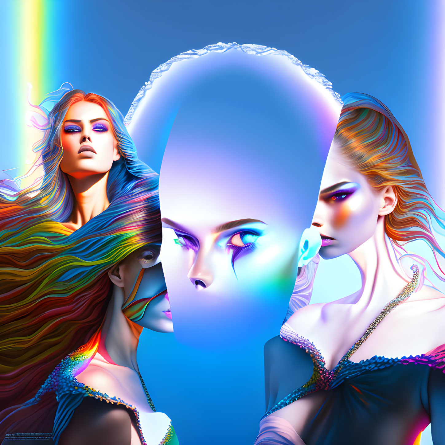 Colorful Digital Art: Three Stylized Female Faces with Flowing Hair