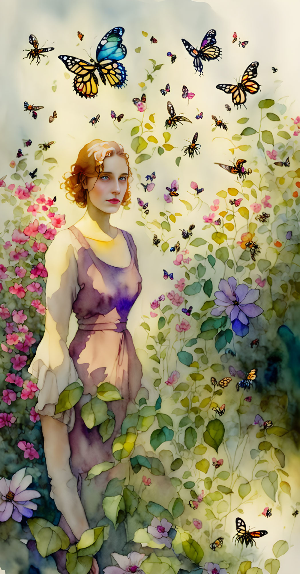 Illustration of woman in vibrant garden with flowers and butterflies.