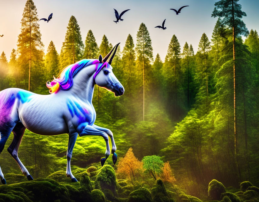 Colorful Unicorn Galloping in Mystical Forest