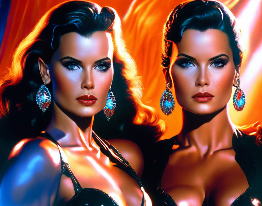 Two women with dark hair and blue eyes in black outfits against fiery backdrop