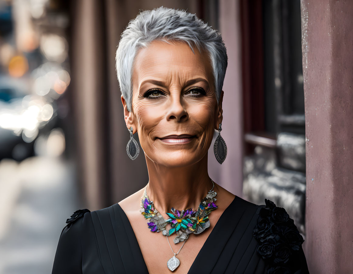 Stylish older woman with gray hair, earrings, and colorful necklace smiling in urban setting