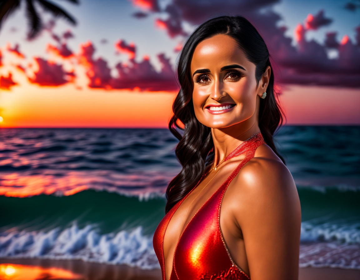 Woman in red dress smiling at camera with sunset over ocean and palm trees.