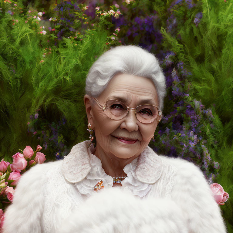 Elderly woman portrait with white hair and glasses