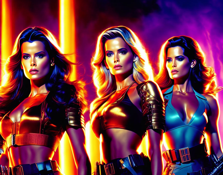 Three Female Superheroes in Vibrant Metallic Costumes Against Fiery Backdrop