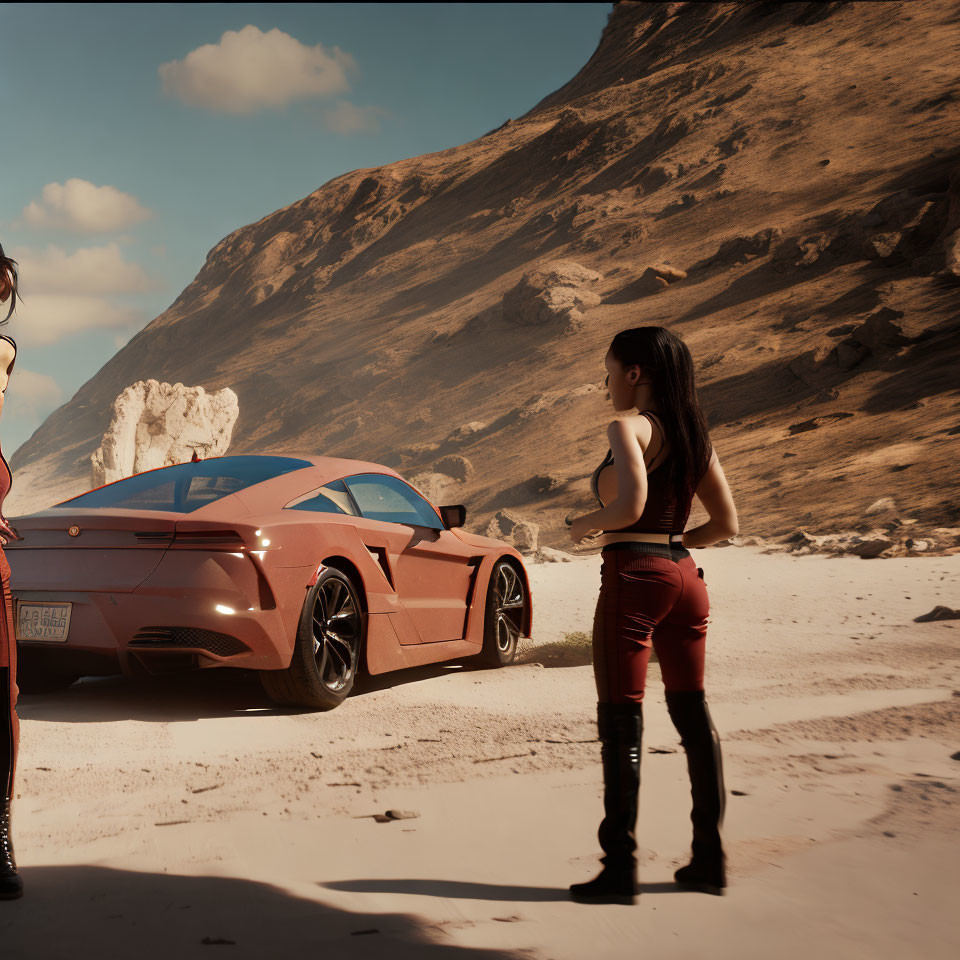 Two Women in Red Outfits with Sports Car on Sandy Terrain