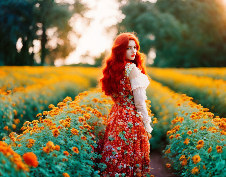 Vibrant red-haired woman in floral dress surrounded by blooming field at sunset