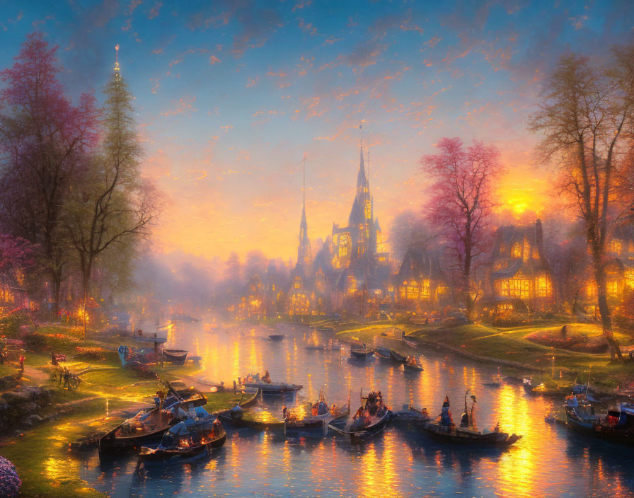 Fantastical evening scene with glowing buildings, boats, sunset, autumnal trees