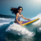 Woman in sunglasses and swimwear surfing on a wave with flowing hair