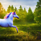 Colorful Unicorn Galloping in Mystical Forest