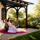 Woman reading book on swing in lush garden with blooming flowers