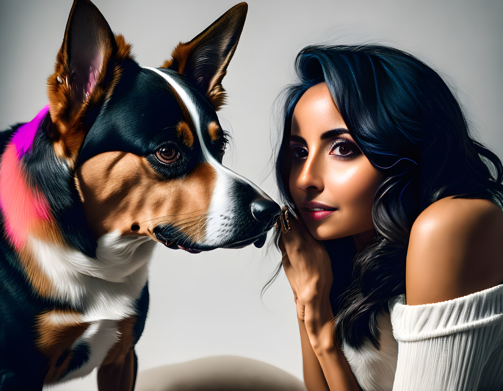 Dark-Haired Woman and Tri-Colored Dog in Intimate Pose