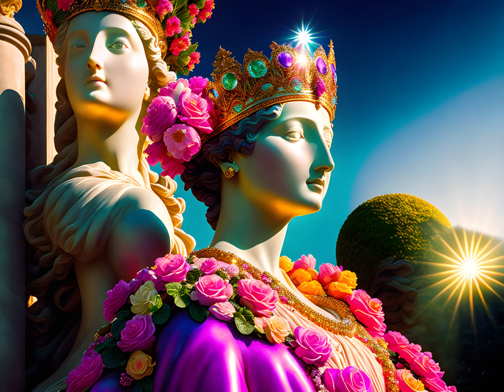 Vibrant statues of regal women in floral crowns and dresses under a sunny sky