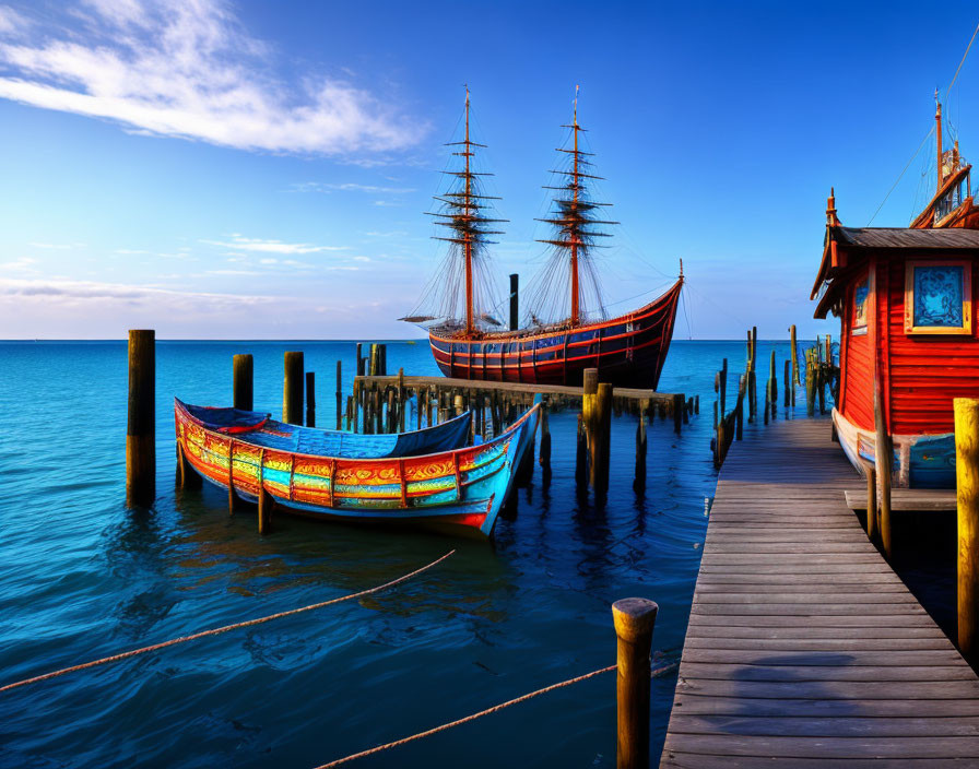 Colorful boat near dock with old-fashioned ship in background