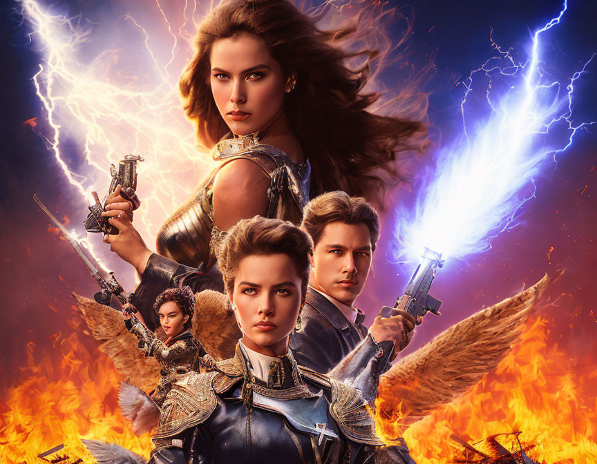 Four armed characters in ornate armor on fiery movie poster