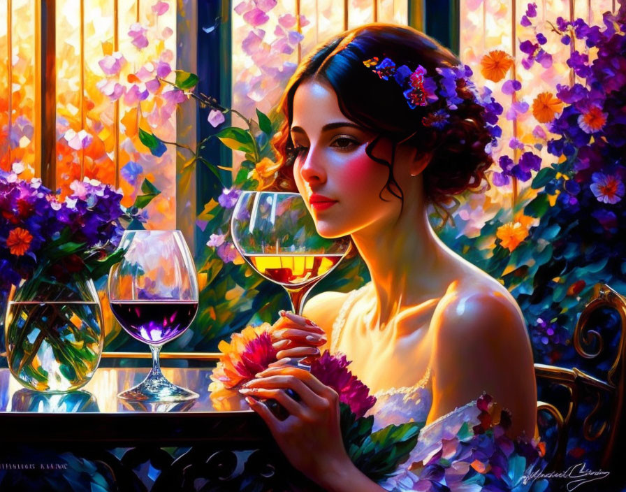 Woman in Floral Dress with Wine Glass by Window and Vibrant Flowers