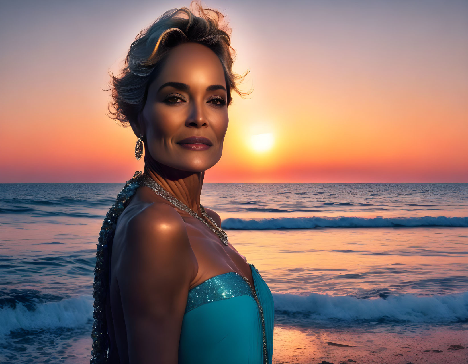 Stylish person in blue dress and necklace on beach at sunset