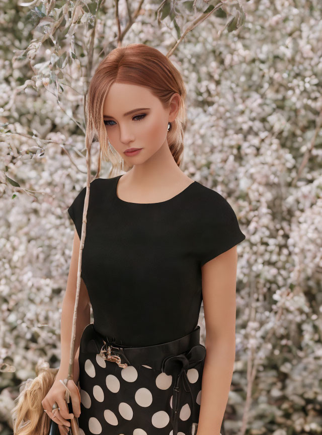 Woman in Black Top and Polka-dot Skirt Standing Among Flowering Bushes