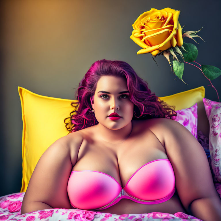 Pink-haired woman reclining with yellow rose and pillow