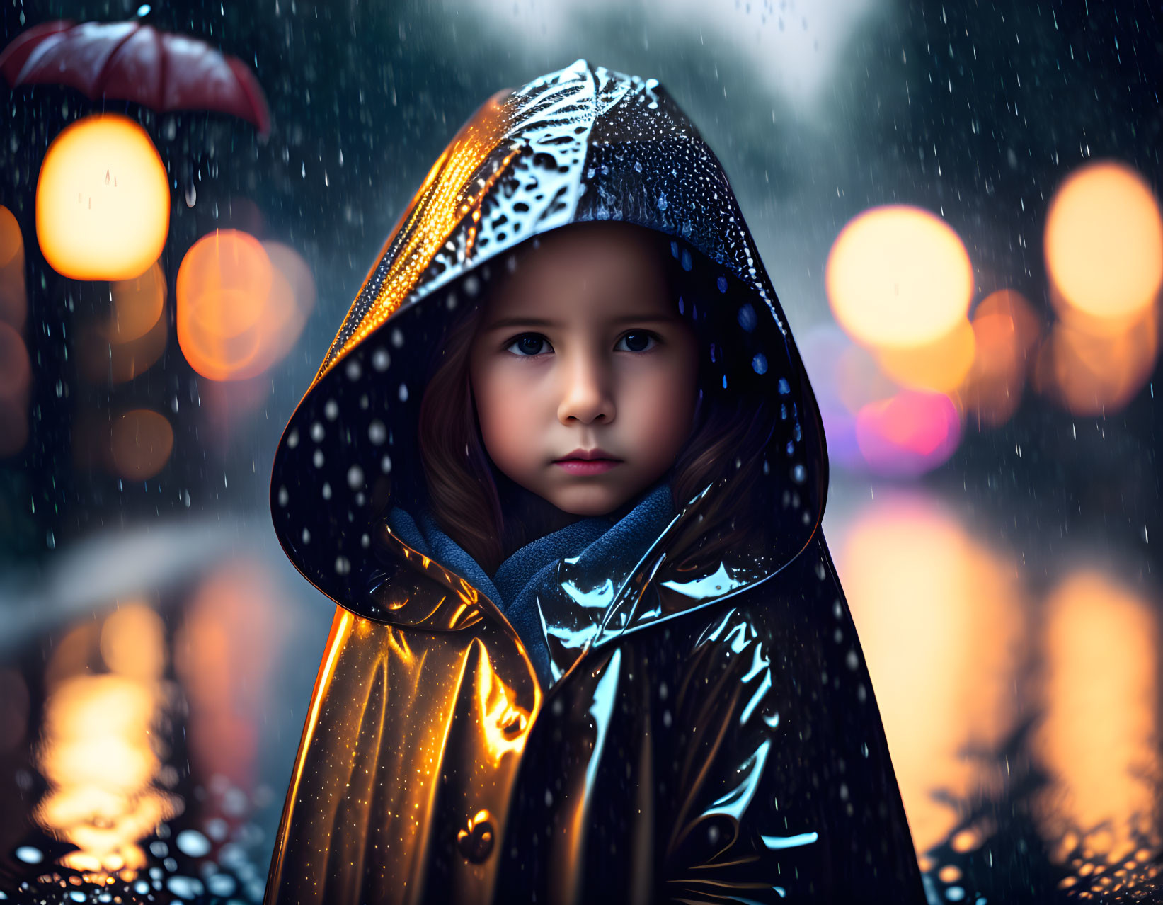 Child in hooded raincoat standing in rain under street lights at night.