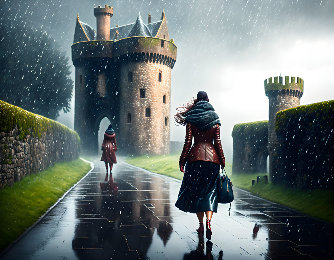 Woman and child walking to castle in rain with wet pavement and dark clouds overhead