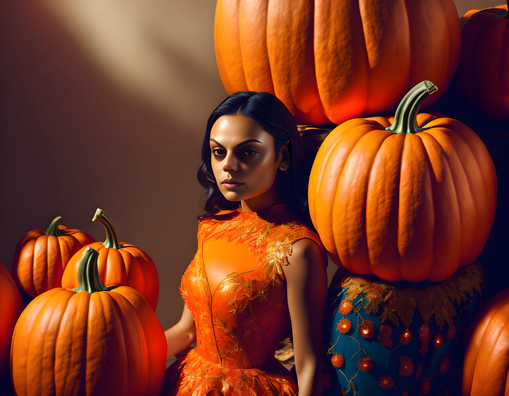 Woman in Orange Dress Surrounded by Pumpkins with Dramatic Lighting